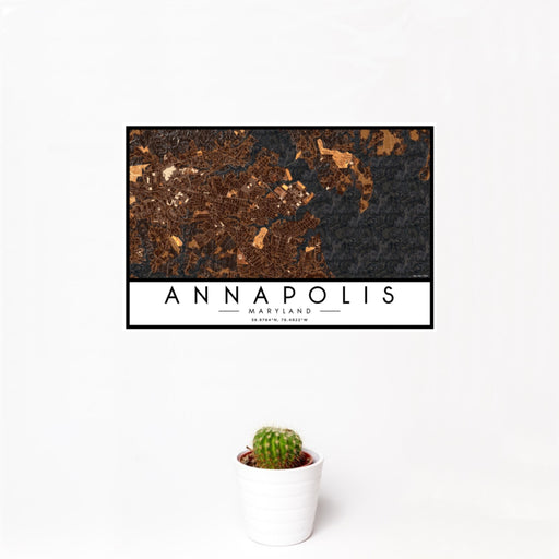 12x18 Annapolis Maryland Map Print Landscape Orientation in Ember Style With Small Cactus Plant in White Planter