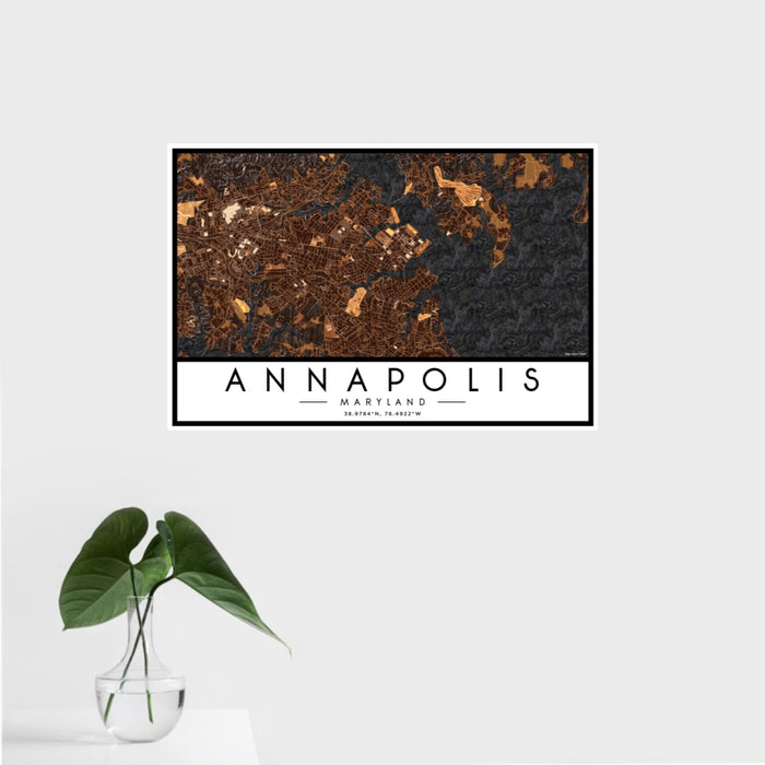 16x24 Annapolis Maryland Map Print Landscape Orientation in Ember Style With Tropical Plant Leaves in Water