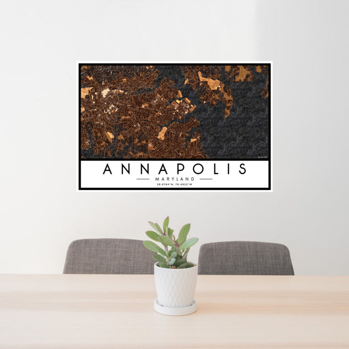 24x36 Annapolis Maryland Map Print Landscape Orientation in Ember Style Behind 2 Chairs Table and Potted Plant