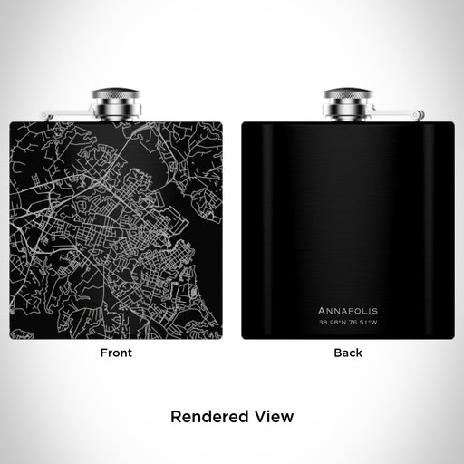 Rendered View of Annapolis Maryland Map Engraving on 6oz Stainless Steel Flask in Black