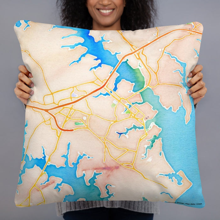 Person holding 22x22 Custom Annapolis Maryland Map Throw Pillow in Watercolor