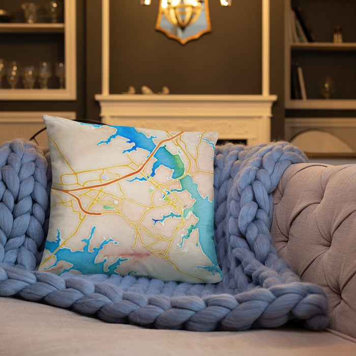 Custom Annapolis Maryland Map Throw Pillow in Watercolor on Cream Colored Couch