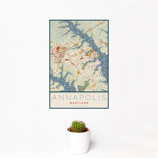 12x18 Annapolis Maryland Map Print Portrait Orientation in Woodblock Style With Small Cactus Plant in White Planter