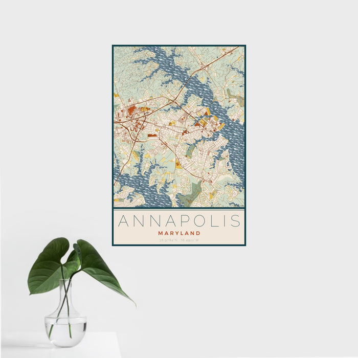 16x24 Annapolis Maryland Map Print Portrait Orientation in Woodblock Style With Tropical Plant Leaves in Water