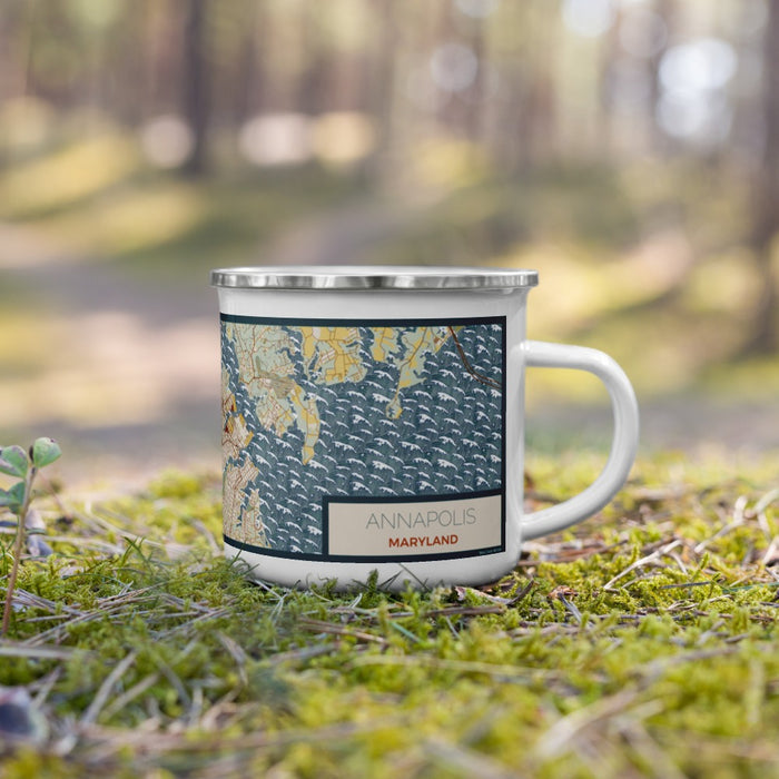 Right View Custom Annapolis Maryland Map Enamel Mug in Woodblock on Grass With Trees in Background