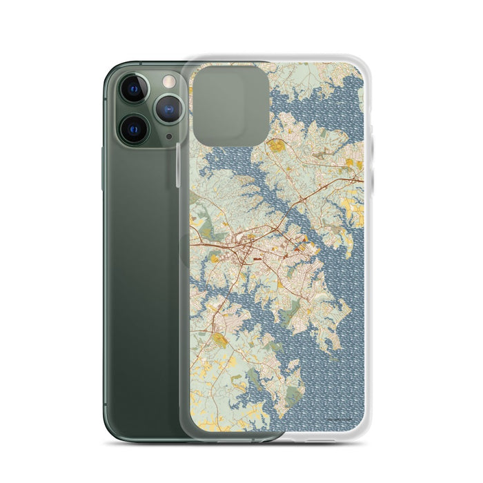 Custom Annapolis Maryland Map Phone Case in Woodblock on Table with Laptop and Plant