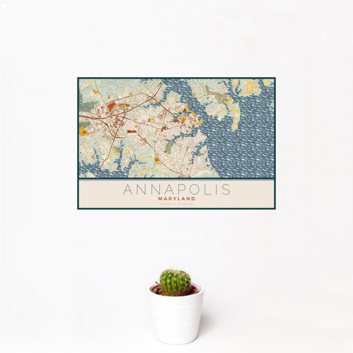 12x18 Annapolis Maryland Map Print Landscape Orientation in Woodblock Style With Small Cactus Plant in White Planter