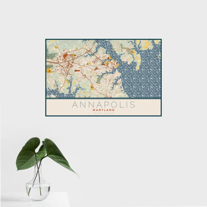 16x24 Annapolis Maryland Map Print Landscape Orientation in Woodblock Style With Tropical Plant Leaves in Water