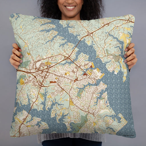 Person holding 22x22 Custom Annapolis Maryland Map Throw Pillow in Woodblock