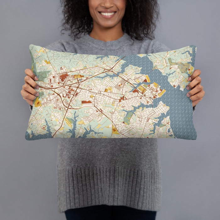 Person holding 20x12 Custom Annapolis Maryland Map Throw Pillow in Woodblock
