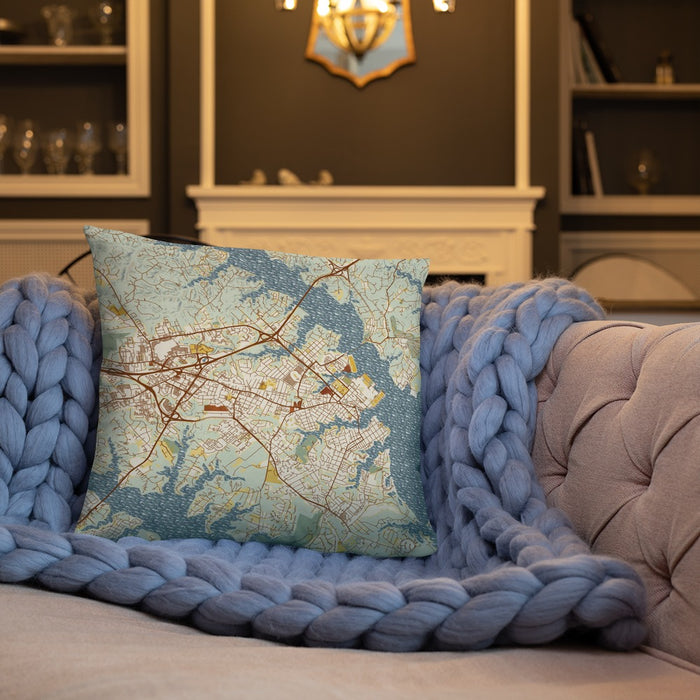Custom Annapolis Maryland Map Throw Pillow in Woodblock on Cream Colored Couch