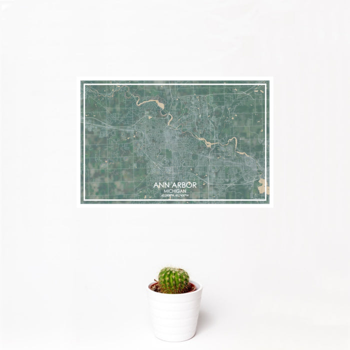 12x18 Ann Arbor Michigan Map Print Landscape Orientation in Afternoon Style With Small Cactus Plant in White Planter