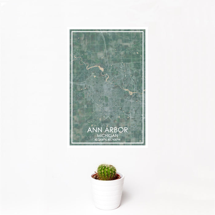 12x18 Ann Arbor Michigan Map Print Portrait Orientation in Afternoon Style With Small Cactus Plant in White Planter