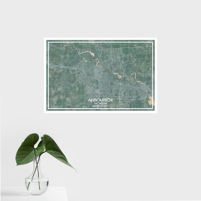 16x24 Ann Arbor Michigan Map Print Landscape Orientation in Afternoon Style With Tropical Plant Leaves in Water