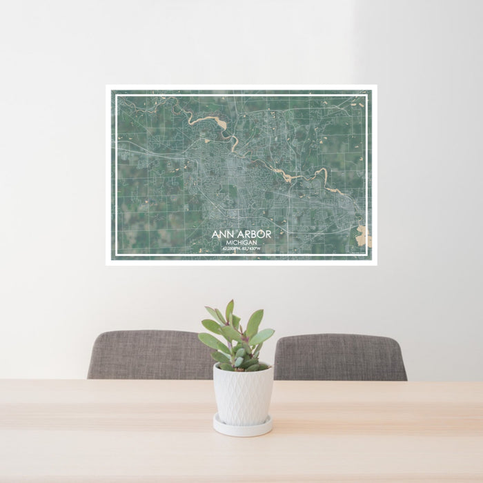 24x36 Ann Arbor Michigan Map Print Lanscape Orientation in Afternoon Style Behind 2 Chairs Table and Potted Plant