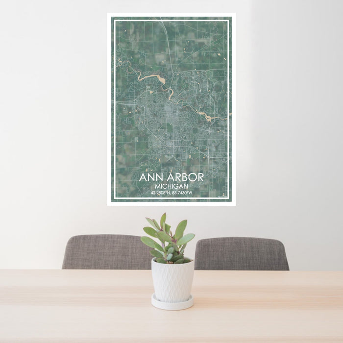 24x36 Ann Arbor Michigan Map Print Portrait Orientation in Afternoon Style Behind 2 Chairs Table and Potted Plant
