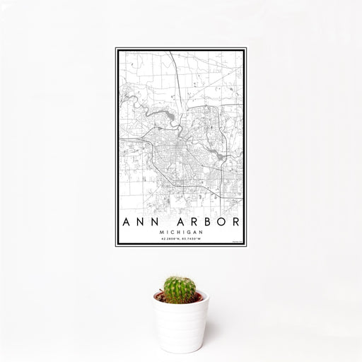 12x18 Ann Arbor Michigan Map Print Portrait Orientation in Classic Style With Small Cactus Plant in White Planter