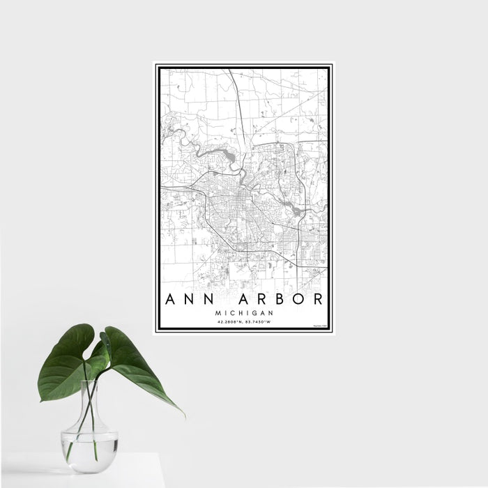 16x24 Ann Arbor Michigan Map Print Portrait Orientation in Classic Style With Tropical Plant Leaves in Water