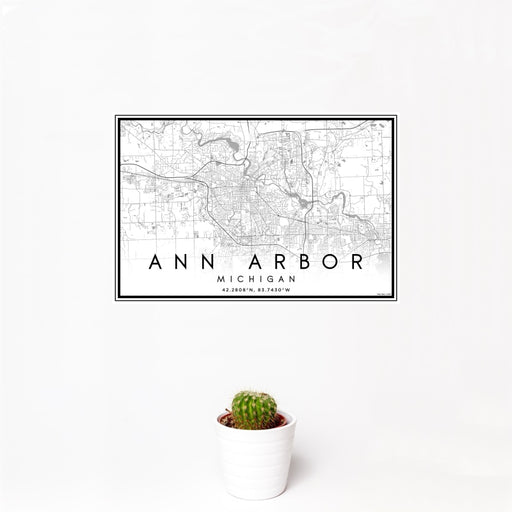 12x18 Ann Arbor Michigan Map Print Landscape Orientation in Classic Style With Small Cactus Plant in White Planter