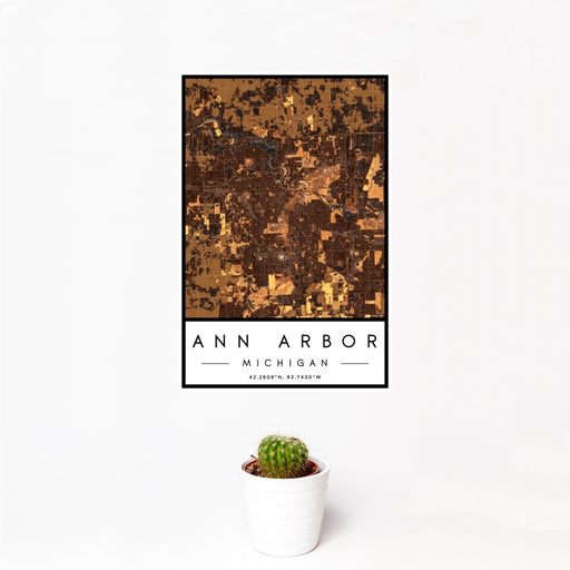 12x18 Ann Arbor Michigan Map Print Portrait Orientation in Ember Style With Small Cactus Plant in White Planter
