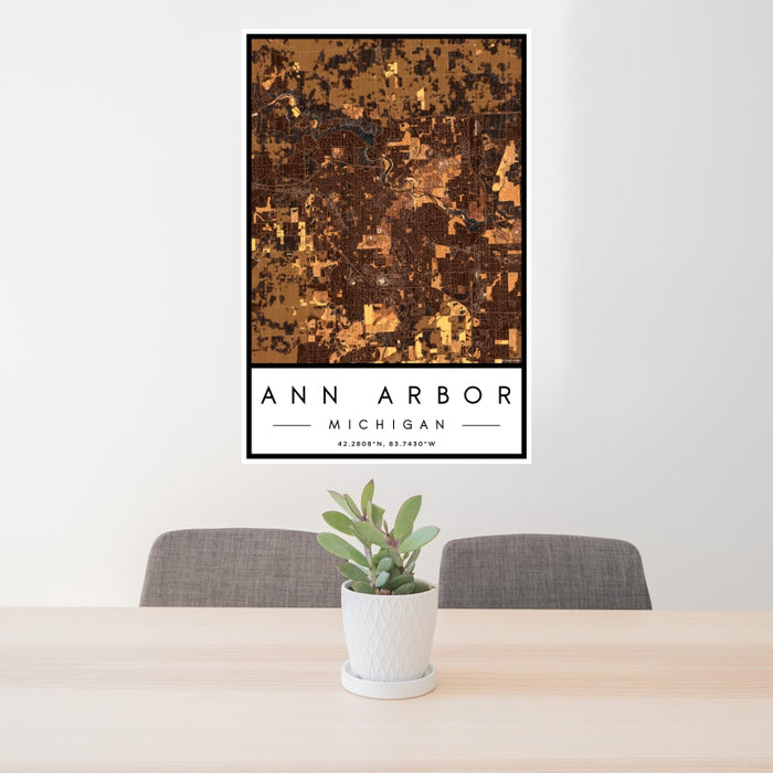 24x36 Ann Arbor Michigan Map Print Portrait Orientation in Ember Style Behind 2 Chairs Table and Potted Plant