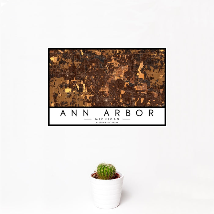 12x18 Ann Arbor Michigan Map Print Landscape Orientation in Ember Style With Small Cactus Plant in White Planter