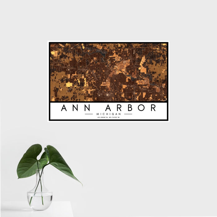 16x24 Ann Arbor Michigan Map Print Landscape Orientation in Ember Style With Tropical Plant Leaves in Water
