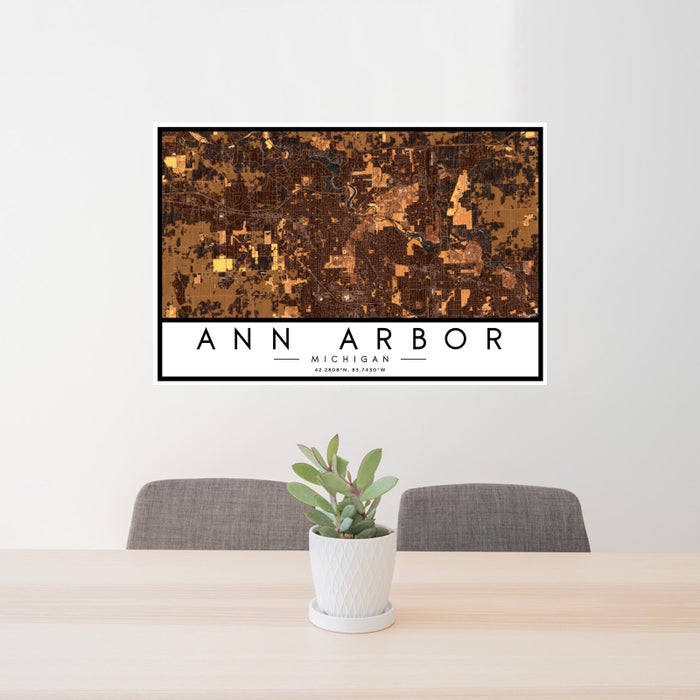 24x36 Ann Arbor Michigan Map Print Landscape Orientation in Ember Style Behind 2 Chairs Table and Potted Plant