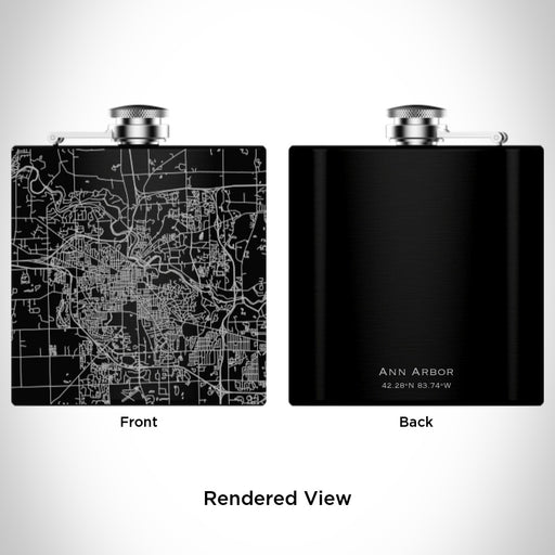Rendered View of Ann Arbor Michigan Map Engraving on 6oz Stainless Steel Flask in Black