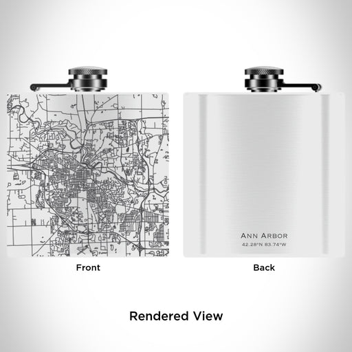 Rendered View of Ann Arbor Michigan Map Engraving on 6oz Stainless Steel Flask in White