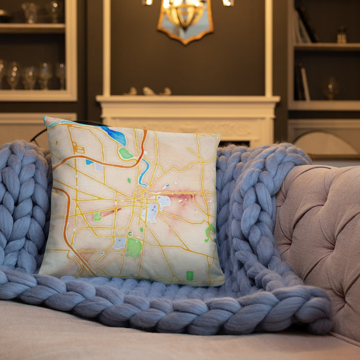 Custom Ann Arbor Michigan Map Throw Pillow in Watercolor on Cream Colored Couch