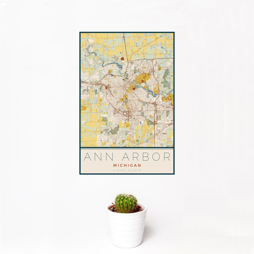 12x18 Ann Arbor Michigan Map Print Portrait Orientation in Woodblock Style With Small Cactus Plant in White Planter