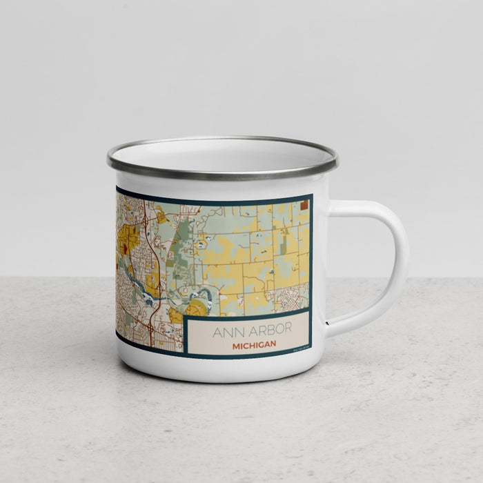 Right View Custom Ann Arbor Michigan Map Enamel Mug in Woodblock