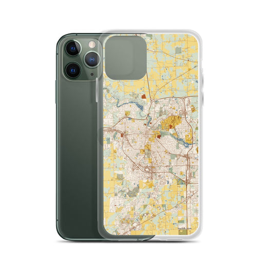 Custom Ann Arbor Michigan Map Phone Case in Woodblock on Table with Laptop and Plant