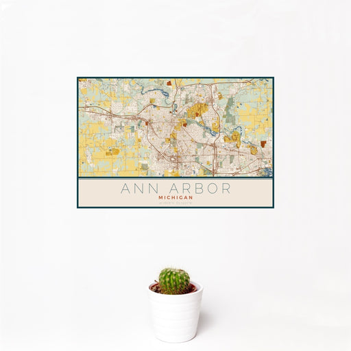 12x18 Ann Arbor Michigan Map Print Landscape Orientation in Woodblock Style With Small Cactus Plant in White Planter