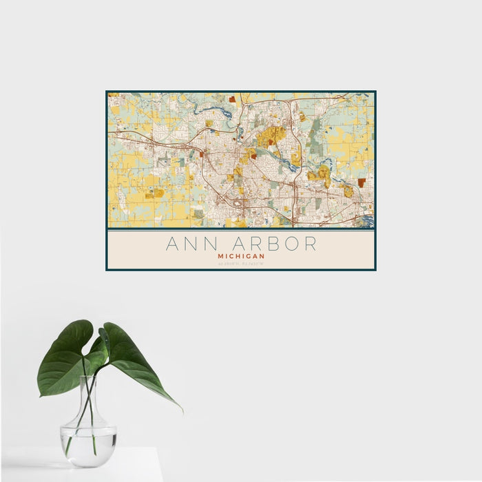 16x24 Ann Arbor Michigan Map Print Landscape Orientation in Woodblock Style With Tropical Plant Leaves in Water