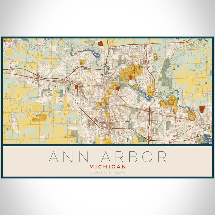Ann Arbor Michigan Map Print Landscape Orientation in Woodblock Style With Shaded Background