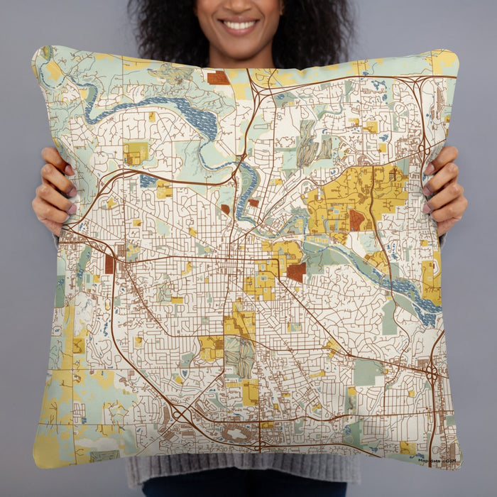Person holding 22x22 Custom Ann Arbor Michigan Map Throw Pillow in Woodblock