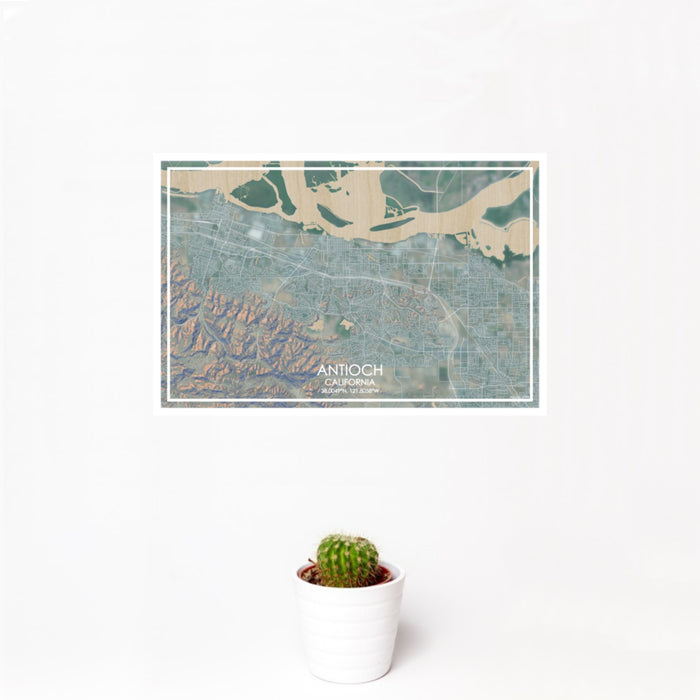 12x18 Antioch California Map Print Landscape Orientation in Afternoon Style With Small Cactus Plant in White Planter