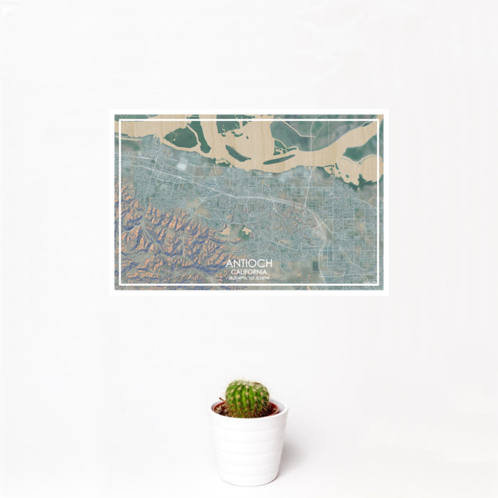 12x18 Antioch California Map Print Landscape Orientation in Afternoon Style With Small Cactus Plant in White Planter