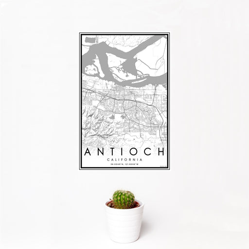 12x18 Antioch California Map Print Portrait Orientation in Classic Style With Small Cactus Plant in White Planter