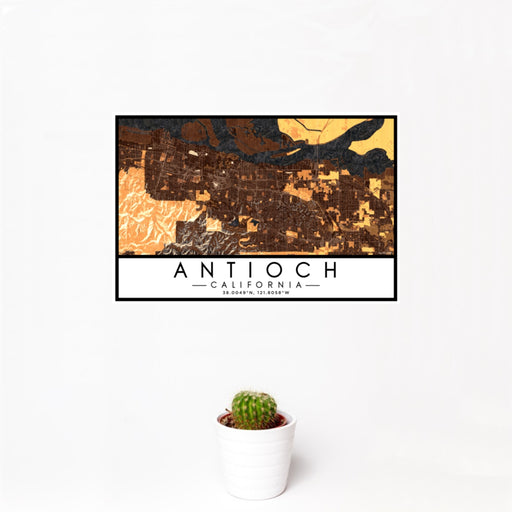 12x18 Antioch California Map Print Landscape Orientation in Ember Style With Small Cactus Plant in White Planter