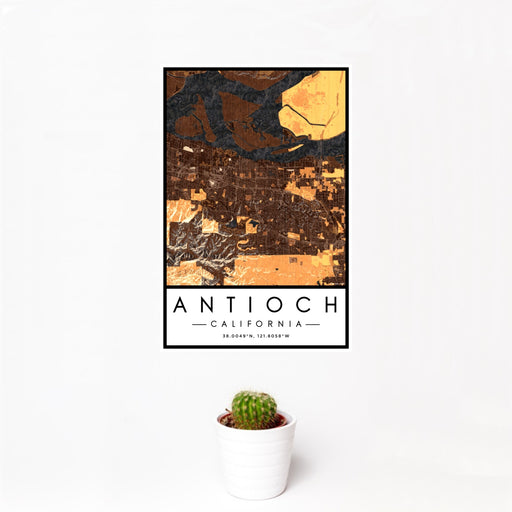 12x18 Antioch California Map Print Portrait Orientation in Ember Style With Small Cactus Plant in White Planter