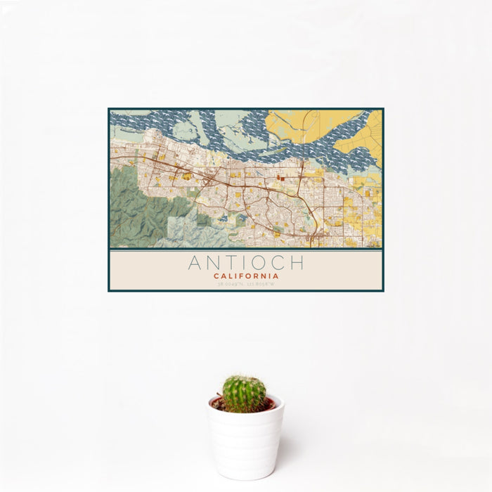 12x18 Antioch California Map Print Landscape Orientation in Woodblock Style With Small Cactus Plant in White Planter
