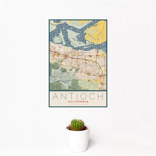 12x18 Antioch California Map Print Portrait Orientation in Woodblock Style With Small Cactus Plant in White Planter
