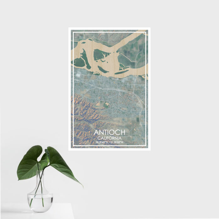 16x24 Antioch California Map Print Portrait Orientation in Afternoon Style With Tropical Plant Leaves in Water