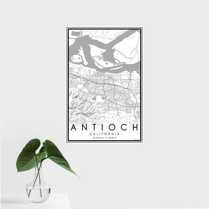 16x24 Antioch California Map Print Portrait Orientation in Classic Style With Tropical Plant Leaves in Water