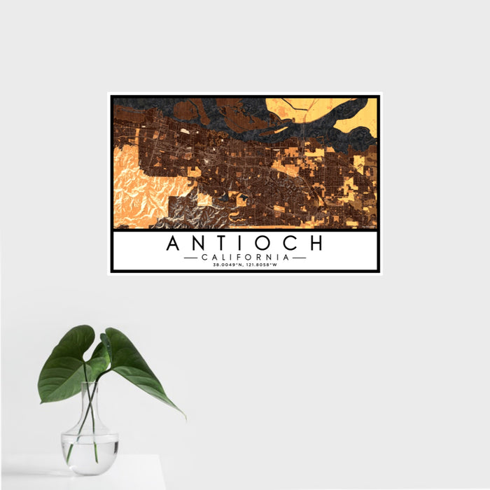 16x24 Antioch California Map Print Landscape Orientation in Ember Style With Tropical Plant Leaves in Water