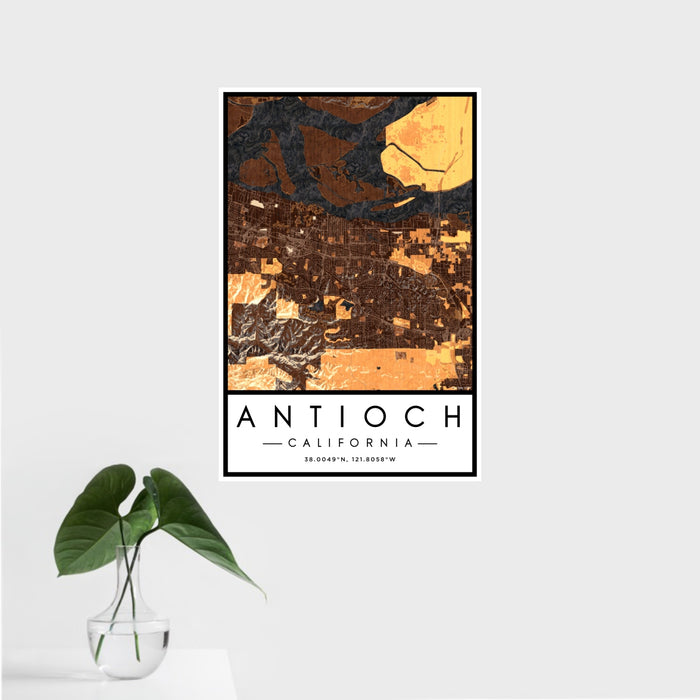 16x24 Antioch California Map Print Portrait Orientation in Ember Style With Tropical Plant Leaves in Water