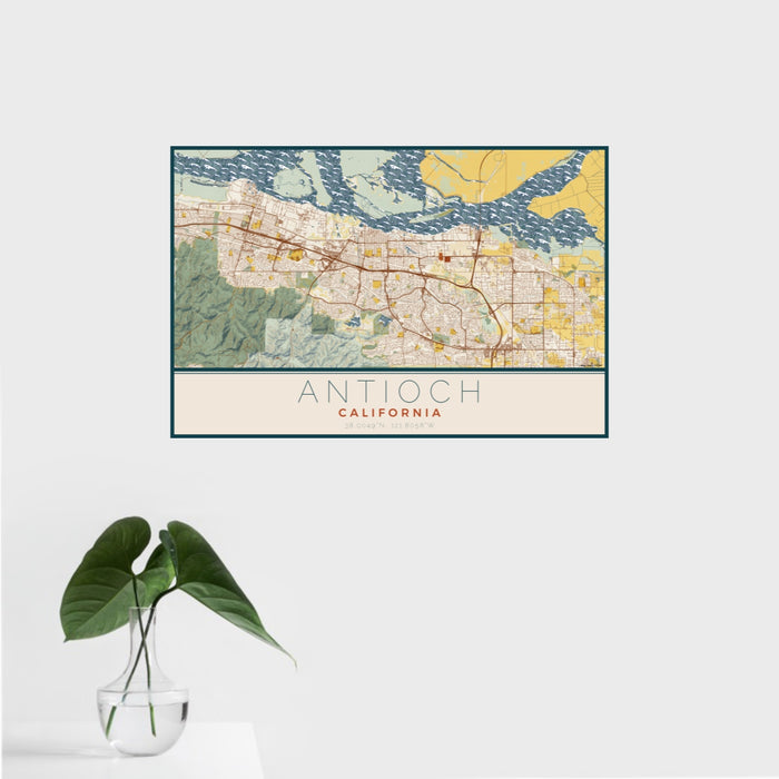16x24 Antioch California Map Print Landscape Orientation in Woodblock Style With Tropical Plant Leaves in Water